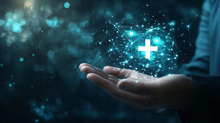 Poster - businessman holds a futuristic sphere with a plus sign, symbolizing innovation in healthcare technol