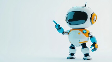 Poster - A cute white robot pointing at a white copy space, generated by AI