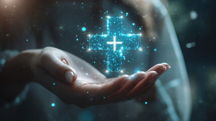 Poster - doctor is holding a futuristic glowing cross hologram, symbolizing innovation in healthcare and medi