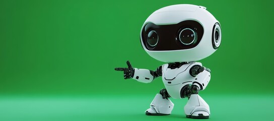 Poster - A cute mini robot pointing to a copy space on a green background.