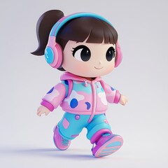 Icon people kawaii illustration. A young girl in headphones listens to music. Isolated background transparent png of a teenager.