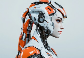 Poster - Female cyborg on gray background. Character rendering. Human-robot hybrid.