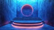 © Feeney - 3d render abstract blue background cylinder podium steps vacant pedestal empty stage round hole in the wall shop display showcase product stand copy space blank frame mockup clean style