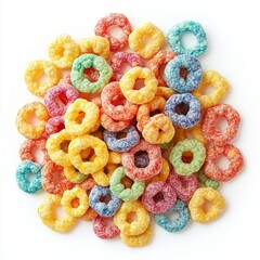 Wall Mural - A large pile of brightly colored cereal loops isolated on white background.