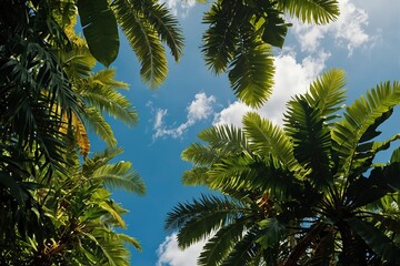 Lush green tropical leaves framing a view of the blue