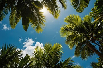 Lush green tropical leaves framing a view of the blue