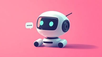 Poster - An AI robot character with speech bubbles in a semi-flat design on a pale pink background.