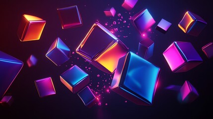 Wall Mural - A collection of glowing, colorful cubes float in the air.