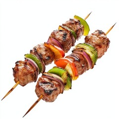 Wall Mural - Appetizing shish kebab on skewers. Traditional American cuisine. isolated on white background.