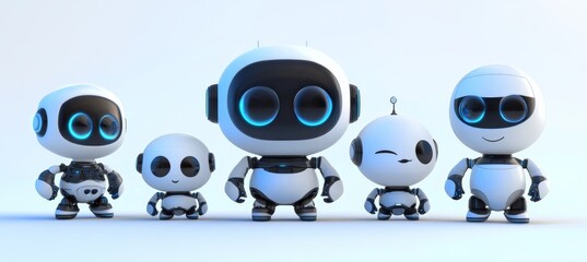 Poster - robot, human, and chatbots on a white background. collection of cute futuristic robots in various po