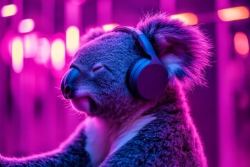 Fashion portrait of a koala wearing headphones under pink and blue neon colors, created by stock