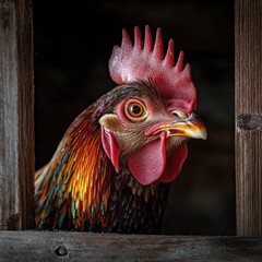 Canvas Print - A close-up of a colorful rooster's head peering through a wooden frame.