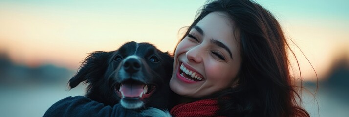 Canvas Print - A joyful woman embraces her dog, sharing a moment of happiness against a scenic backdrop.