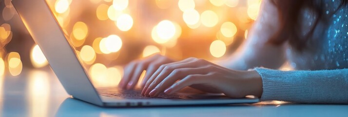 Poster - A person typing on a laptop with a blurred background of warm lights.