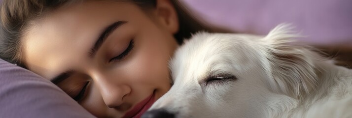 Canvas Print - A girl peacefully sleeping beside a white dog, showcasing a bond of companionship.