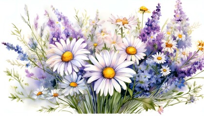 Wall Mural - Watercolor Daisy and Lavender Bouquet Illustration