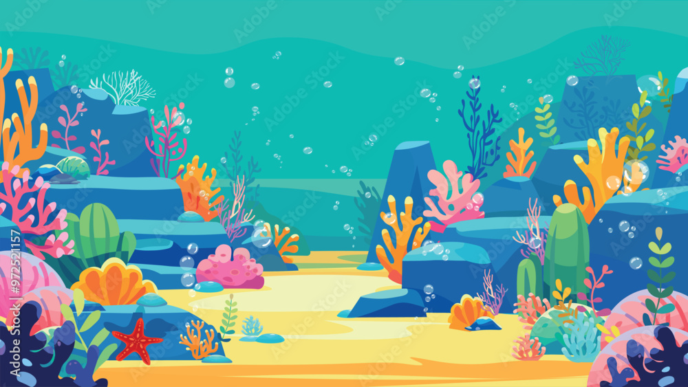 Underwater bright reef cartoon background. Undersea with corals and ...