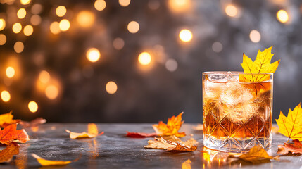 Wall Mural - fall autumn old fashioned cocktail with autumn leaves and light in the background