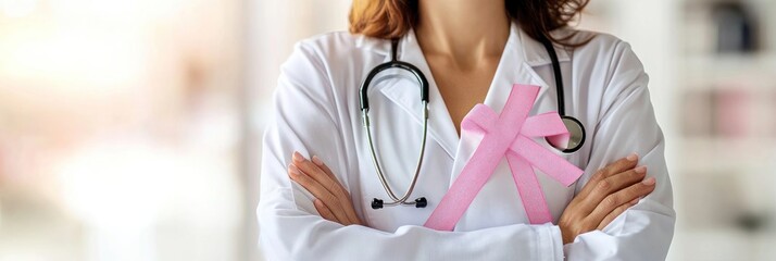 Sticker - A healthcare professional displays a pink ribbon symbolizing breast cancer awareness.