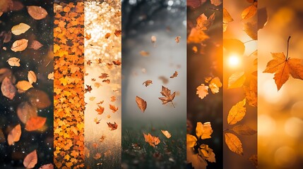 Canvas Print - A collage of six images showcasing autumn leaves in various states of falling, laying on the ground, and blowing in the wind.