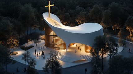 Ultra modern church in the shape of an hourglass, surrounded by trees, viewed from a bird's-eye perspective. A golden cross sits atop the structure, which features a facade of white concrete and wood