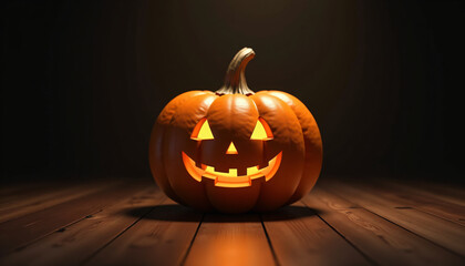 Halloween pumpkin on wood floor in dark room