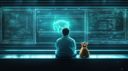 A researcher in a lab coat observing a bioluminescent rabbit in a sterile lab environment, with futuristic screens displaying gene-editing techniques and results in the background