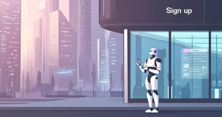 Poster - digital technology concept cartoon character portrait horizontal copy space of a modern robot thinki