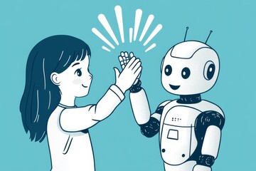 Poster - An illustration of a smiling girl standing and shaking hands with a white robot bot and being friends with it - a friendship concept.