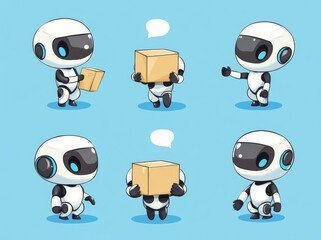 Poster - Cute white robots with lightning bolts, a cross sign, a tick, a box in hands, and adjustment cogs. Stock illustration. Cartoon flat modern collection isolated on blue background.