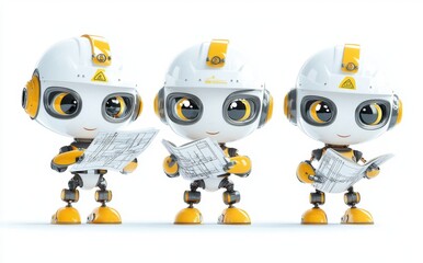 Poster - Set design for robot ai characters with hard hats and blueprint elements for robotic engineers. Illustration style.