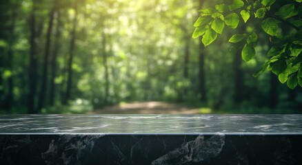 Sticker - A serene forest background with a dark marble surface in the foreground.