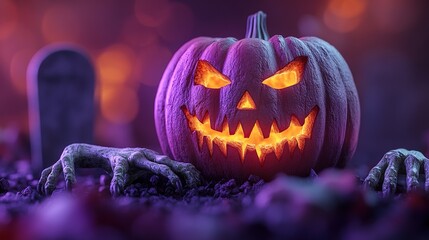 Wall Mural - 3d render burning pumpkin with angry face jack lantern and scary green zombie arms show out of the ground in front of the gravestone halloween illustration isolate3d on purple background