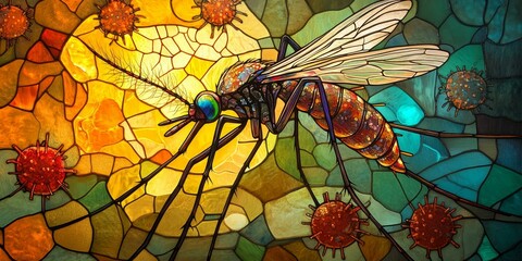 Poster - Stained glass mosaic with a mosquito and viruses.