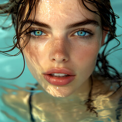 Wall Mural - Close-up of the face, showing clear skin and glossy lips of a supermodel floating in water, with a black tank top, perfect makeup, and blue eyes