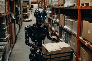 Poster - An adorable robot character is working in a warehouse, generated by stock