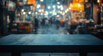 Sticker - A blurred street market scene with an empty table in the foreground.