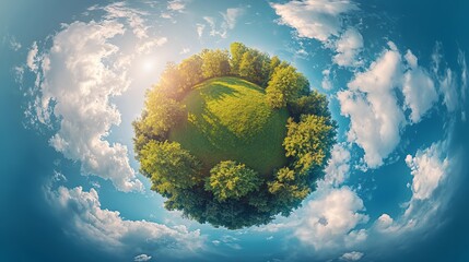 Little Planet of Green Forest with Sky and Clouds.