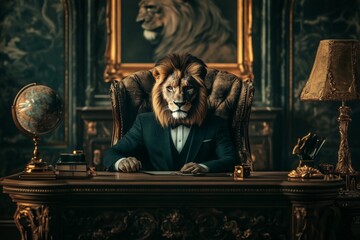 A businessman in a suit with a lion's head sits in an office abstract background.