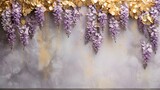 An enchanting marble background in shades of lavender and gold, adorned with cascading wisteria blooms and delicate golden accents.