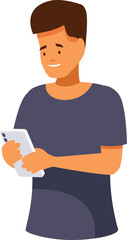 Poster - Young man is smiling while using his smartphone, possibly browsing social media or texting