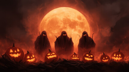 The Fates weaving threads under a Halloween moon, glowing jack-o-lanterns around them, dark and mystical [Halloween], [Greek mythology], [Fates].