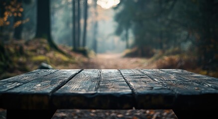 Poster - A wooden table in a misty forest path, inviting contemplation and connection with nature.