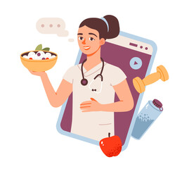 Nutritionist online consultation and therapy. Doctor on the phone. Flat vector illustration