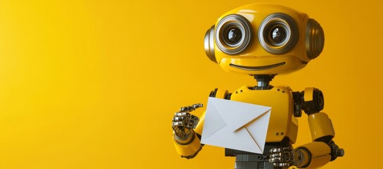 Poster - Robot holding envelope. Concept of email marketing, email database, newsletter, virtual assistance. Generative stock.