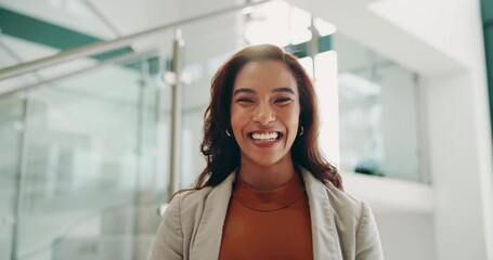 Poster - African woman, face and laughing with smile at office in confidence for affirmative action with positive attitude. Portrait, happy person and creative reporter in business press at news startup