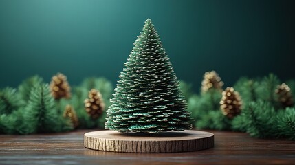 Wall Mural - 3d render christmas tree character green cone with golden model legs round frame and empty podium blank showcase mockup unusual surreal concept