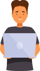 Poster - Young adult man is holding an open laptop computer while smiling slightly