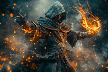 Fototapete - Battlemage in fantasy setting, sorcerer wearing mystical medieval clothing for a game character design in epic lighting fire ball. Magical warrior concept. Highly detailed and awesome image.