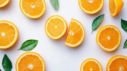 Wall Mural - Flat lay of orange slices and leaves on white background.